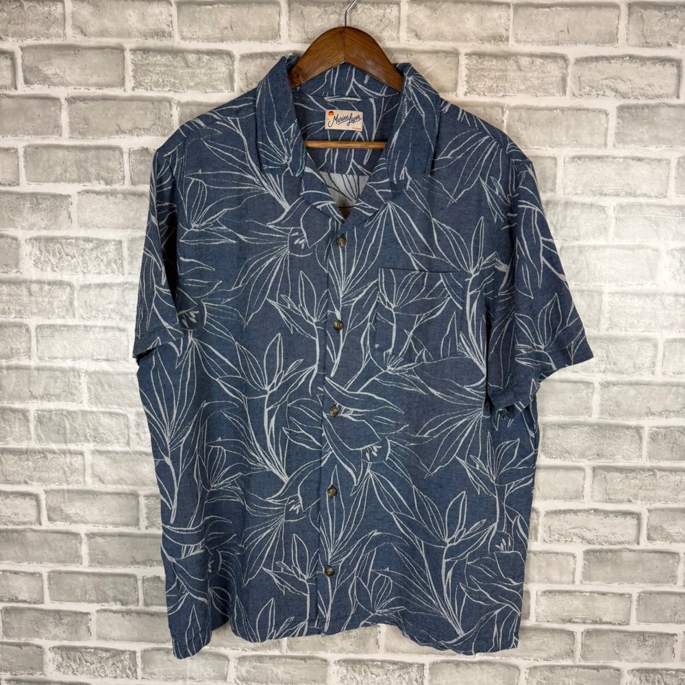 Marine Layer Mens XL Hawaiian Blue White Tropical Leaf Cotton Linen Camp Shirt